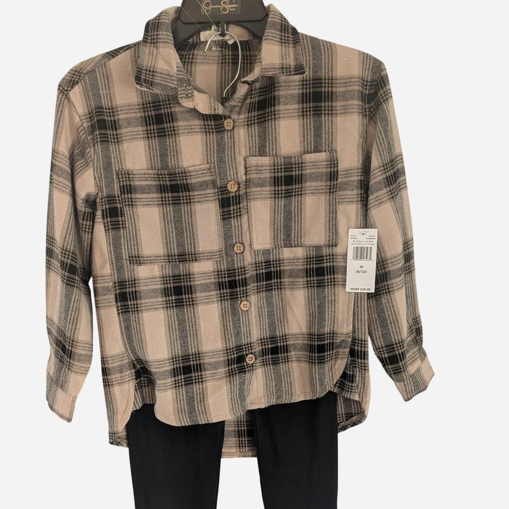 NWT Jessica Simpson black beige plaid button up shirt & black leggings Set 8/10